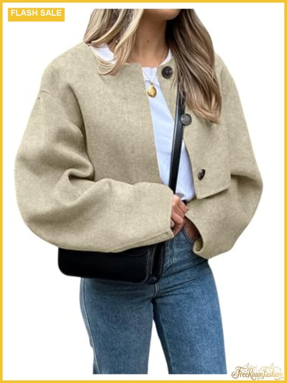 Cropped Wool Blend Pea Coat Women Long Sleeve Button Down Jacket